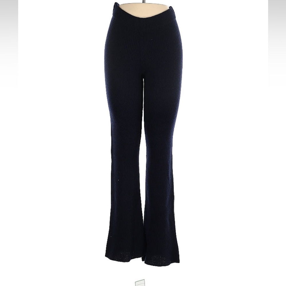 THE ELDER STATESMAN 100% Cashmere Navy Ribbed Flared Pants